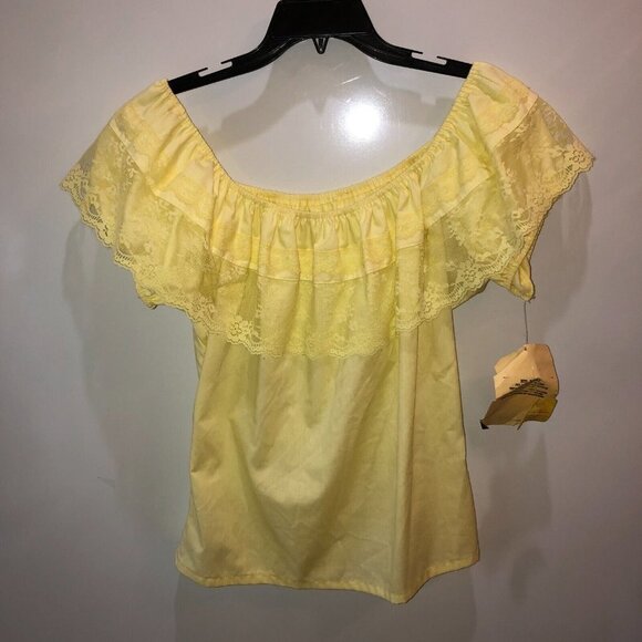 New Vintage Carefree Fashions XS Yellow Ruffle Lace Off The Shoulder Boho Blouse - Picture 3 of 11
